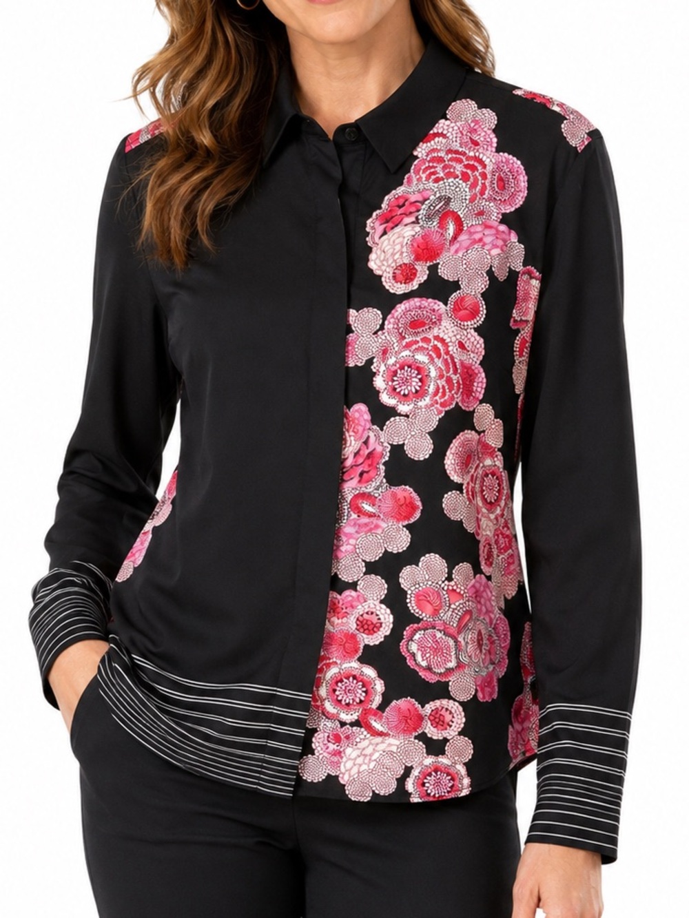 DKNY Black Pink Floral Print Button Front Blouse Long Sleeve Career Top